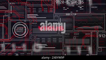 Immagine di virus testo, grafici, barre di caricamento, cerchi con numeri che cambiano su sfondo nero Foto Stock