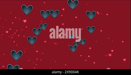 Immagine di più icone cardiache che fluttuano sullo spazio di copia su sfondo rosso Foto Stock