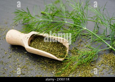 Aneto (Anethum graveolens var. hortorum), foglie di aneto essiccate e tritate con una pala di legno Foto Stock