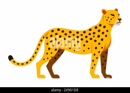 Illustrazione di ghepardo stilizzata con spot, design piatto, animale predatore, concetto elegante e veloce. Grande gatto selvatico, jaguar, leopardo. Isolato su dorso bianco Illustrazione Vettoriale