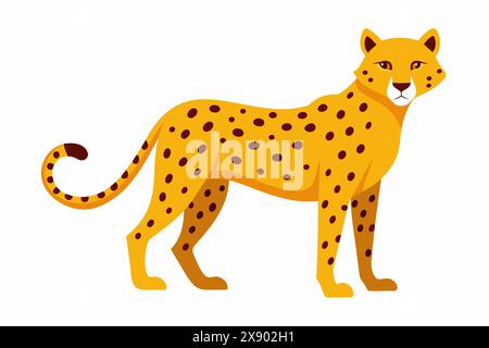 Illustrazione di ghepardo stilizzata con spot, design piatto, animale predatore, concetto elegante e veloce. Grande gatto selvatico, jaguar, leopardo. Isolato su dorso bianco Illustrazione Vettoriale