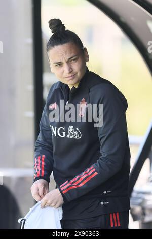 Tubize, Belgio. 28 maggio 2024. Il portiere belga Nicky Evrard, nella foto di martedì 28 maggio 2024 a Tubize, durante una sessione di allenamento della nazionale belga femminile, i Red Flames. BELGA PHOTO BRUNO FAHY credito: Belga News Agency/Alamy Live News Foto Stock