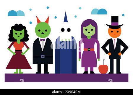 I personaggi dei cartoni animati di Halloween includono una strega, un vampiro, un fantasma e una testa di zucca. Gruppo di personaggi spaventosi in costumi colorati. Halloween, spaventoso, perche' Illustrazione Vettoriale