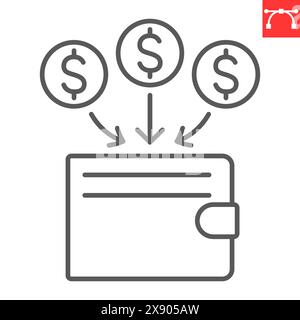 Icona della linea del reddito lordo, affari e finanza, monete con icona vettoriale del portafoglio, grafica vettoriale, segno di contorno del tratto modificabile, eps 10. Illustrazione Vettoriale