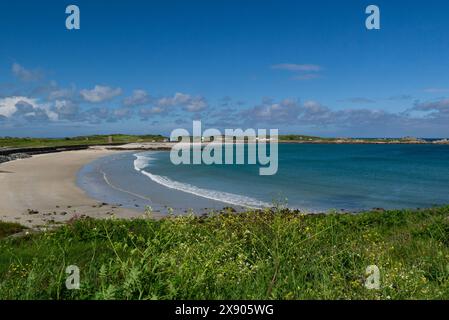 Vista sulla sabbia bianca e fine di l'Ancresse e sulla spiaggia di Pembroke l'Ancresse Common Loophole Tower n. 5 in una bella giornata di maggio a nord di Guernsey Foto Stock