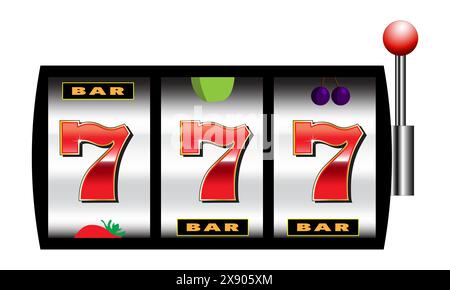 Slot machine con 777 sui rulli, gioco d'azzardo o concetto di gioco, isolato su sfondo bianco Illustrazione Vettoriale