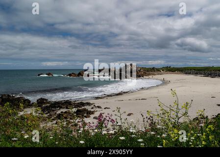 Ammira la spiaggia di sabbia bianca di Port Soif fino a Portinfer Battery su un affioramento roccioso a nord delle Isole del Canale di Guernsey Foto Stock