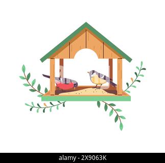Birdfeeder con grani versati per uccelli illustrazione a cartoni animati 2D. Alimentatore fatto a mano con immagine vettoriale a linea piatta per spuntini su sfondo bianco Illustrazione Vettoriale