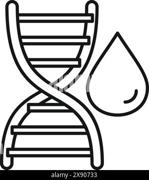 Icona grafica in bianco e nero di un filamento di dna intrecciato con una goccia di sangue stilizzata Illustrazione Vettoriale
