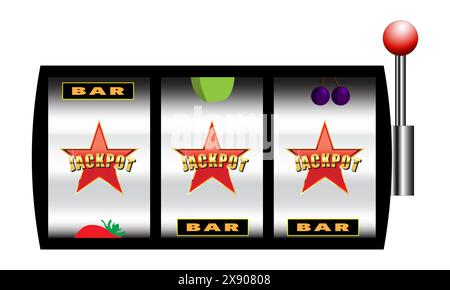 Slot machine con jackpot sui rulli, gioco d'azzardo o concetto di gioco, isolato su sfondo bianco Illustrazione Vettoriale