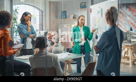 Una donna Project Manager realizza una presentazione per un team creativo diversificato nella sala riunioni di un'agenzia. I colleghi si riuniscono attorno al tavolo della conferenza e discutono di sviluppo e progettazione aziendale. Foto Stock