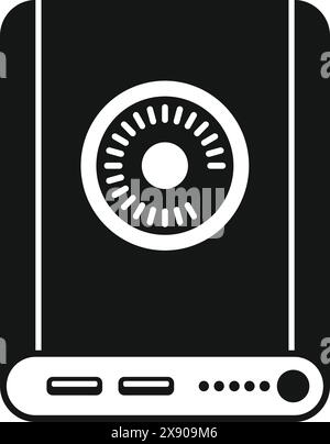 Icona grafica in bianco e nero di una cassaforte sicura con serratura a combinazione e spie luminose Illustrazione Vettoriale