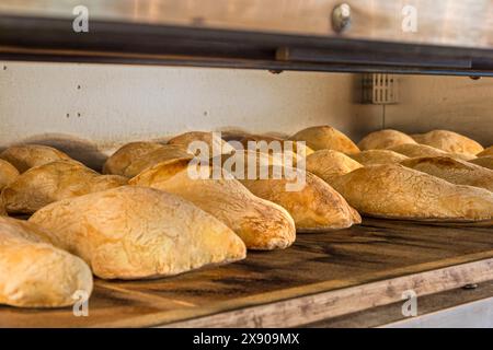 Molti panini di pane cotti nel forno Foto Stock