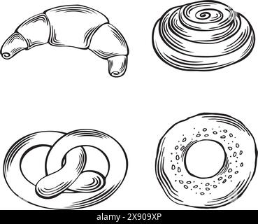 Set di prodotti da forno. Illustrazione grafica vettoriale, isolata. Croissant e panino alla cannella, Pretsel e bagel con sesamo. Schizzo del pane tradizionale FL Illustrazione Vettoriale