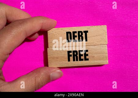 Parole senza debiti scritte su blocchi di legno con sfondo rosa. Simbolo concettuale di esenzione dal debito. Copia spazio. Foto Stock