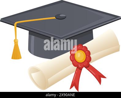 Cappello di graduazione grigio e scorrimento del diploma su sfondo bianco. Simboli tradizionali della cerimonia di laurea: Certificato con nastro e cappello accademico. VECTO Illustrazione Vettoriale