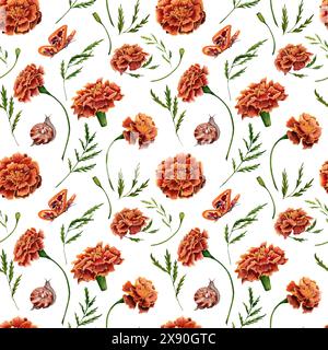 Fiori Marigold con foglie verdi, farfalle e motivo lumaca senza cuciture. Illustrazione ad acquerello disegnata a mano isolata su sfondo bianco. Per elega Foto Stock