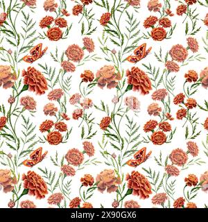 Fiori Marigold, foglie verdi e farfalle motivo senza cuciture. Illustrazione ad acquerello disegnata a mano isolata su sfondo bianco. Carta da parati o tessuti Foto Stock