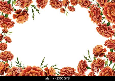 Design da cartolina spazio copia fiori Marigold. Cornice in tagete floreali per il testo. Illustrazione acquerello isolata su sfondo bianco. Per le stampe Foto Stock