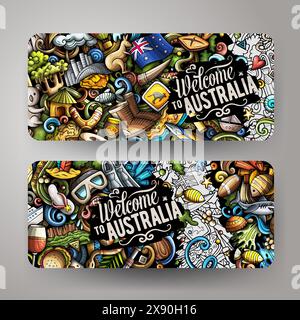 Set di modelli di identità aziendale per Cartoon Vector Doodle di Cartoon in Australia. Divertente design australiano con striscioni colorati e line art Illustrazione Vettoriale