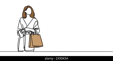 Disegno continuo su una linea di una donna che tiene in mano sacchi di carta dopo lo shopping Illustrazione Vettoriale