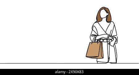 Disegno continuo su una linea di una donna che tiene in mano sacchi di carta dopo lo shopping Illustrazione Vettoriale