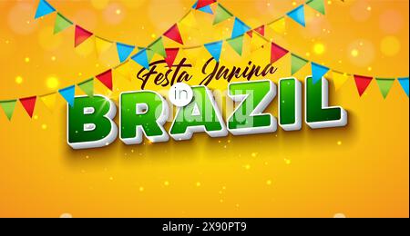 Illustrazione Festa Junina con bandiere e lettera Brasile 3d su sfondo giallo. Vector Brasile giugno tradizionale Festa delle feste Design per Illustrazione Vettoriale