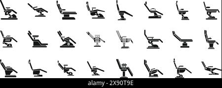 Icone della sedia dentale, semplice vettore di impostazione. Una collezione di vari tipi di sedie e poltrone reclinabili. Alcuni sono progettati per uso medico, mentre altri sono per uso domestico. Le sedie sono disponibili in diverse forme e dimensioni Illustrazione Vettoriale