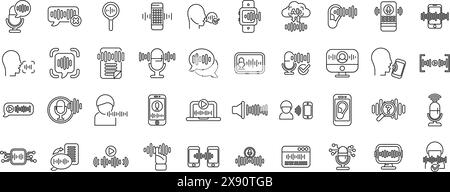 Le icone dell'app di riconoscimento vocale e vocale impostano il vettore. Una raccolta di icone per vari dispositivi e app, tra cui un telefono cellulare, un computer portatile e un tablet Illustrazione Vettoriale