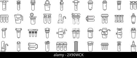 Filtro per icone di purificazione dell'acqua Imposta vettore. Una raccolta di filtri dell'acqua e purificatori. Alcuni filtri servono per l'acqua potabile, mentre altri per l'acqua di cottura Illustrazione Vettoriale