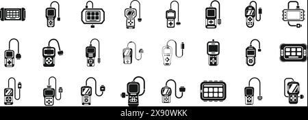 Le icone dello scanner diagnostico veicolare impostano il vettore. Una raccolta di dispositivi elettronici tra cui un telefono cellulare, un telecomando e un controller per videogiochi Illustrazione Vettoriale