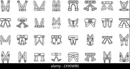 Le icone del cablaggio per arrampicata impostano il vettore. Una serie di cinghie e imbracature è mostrata in una griglia. Le cinghie sono di varie dimensioni e colori e sono tutte collegate a un punto centrale. La scena e' un'organizzazione e una struttura Illustrazione Vettoriale