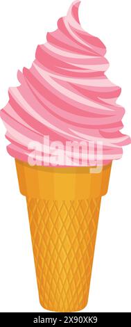 Illustrazione digitale di un gelato rosa morbido servito in un cono croccante, isolato su sfondo bianco Illustrazione Vettoriale