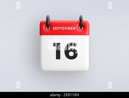 Icona calendario 3D con data 16 settembre su sfondo grigio. Simbolo di pianificazione vettoriale. Illustrazione Vettoriale