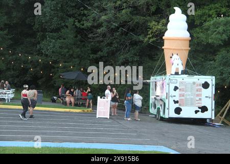 Persone che aspettano in fila di fronte a un camion dei gelati negli Stati Uniti Foto Stock
