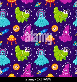 Carini mostri dei cartoni animati spaziali. Alieni. Razzi multicolore luminosi nello spazio. Colori neon, Y2K, volo tra pianeti e stelle. Navetta, UFO, futuro. Ha Illustrazione Vettoriale