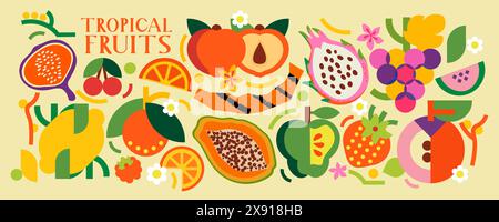 Raccolta di frutta tropicale. Illustrazione vettoriale del cibo. Papaya, pitahaya, fico, arancia, ciliegia, pesca, prugna, fragola, uva, lampone. Illustrazione Vettoriale