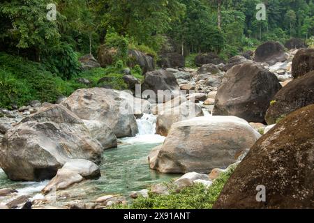 Il fiume Jaldhaka, noto anche come Dichu, è un affluente del Brahmaputra e un fiume transfrontaliero che scorre attraverso l'India, il Bhutan e il Bangladesh Foto Stock