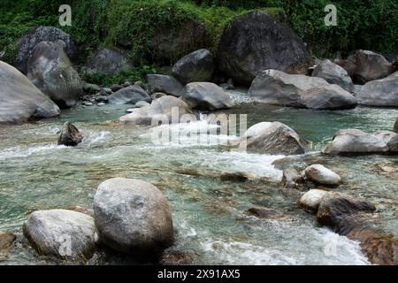 Il fiume Jaldhaka, noto anche come Dichu, è un affluente del Brahmaputra e un fiume transfrontaliero che scorre attraverso l'India, il Bhutan e il Bangladesh Foto Stock