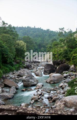 Il fiume Jaldhaka, noto anche come Dichu, è un affluente del Brahmaputra e un fiume transfrontaliero che scorre attraverso l'India, il Bhutan e il Bangladesh Foto Stock