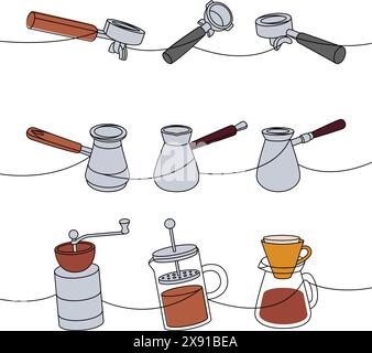 Caffetteria a una linea colorata con disegni continui. Portafiltri, pentole di caffè turco, macinacaffè, pressa francese continua con una riga colorata. Illustrazione Vettoriale