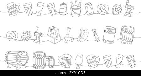 Set di disegni continui a una linea per birreria. Botti di legno, lattine, bicchieri, tazze, fusto di metallo, apribottiglie, salsicce, rubinetto, cono hop. Illustrazione Vettoriale