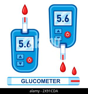 Glucometro, misuratore di glucosio nel sangue, controllo dell'insulina diabetica. Misurazione medica del livello di zucchero dal dito della mano. Icona diagnosi di malattia del diabete Illustrazione Vettoriale