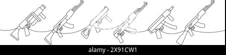 Armi militari a una linea, disegno continuo. Lanciagranate, fucile d'assalto AK 47, fucili d'assalto tattico a una linea continua. Vettore Illustrazione Vettoriale