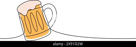 Tazza da birra a una linea colorata, disegno continuo. Illustrazione continua di una riga dei prodotti da pub della birra. Illustrazione lineare vettoriale. Illustrazione Vettoriale