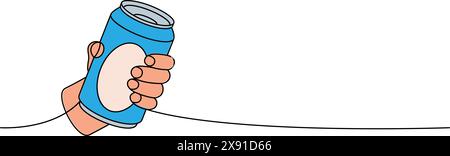Mano che regge una lattina di birra una linea colorata disegno continuo. Illustrazione continua di una riga dei prodotti da pub della birra. Illustrazione lineare vettoriale. Illustrazione Vettoriale