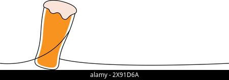 Vetro da birra a una linea colorata, disegno continuo. Illustrazione continua di una riga dei prodotti da pub della birra. Illustrazione lineare vettoriale. Illustrazione Vettoriale