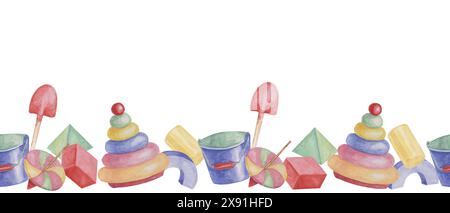 Giocattoli bordo senza cuciture, piramide ad anelli con parte superiore rotante, secchio e scogliera del nastro della pala. Carta da parati con oggetti di gioco ad acquerello per arredamento, tessuti, doccia per bambini, stanza per bambini, carte Foto Stock