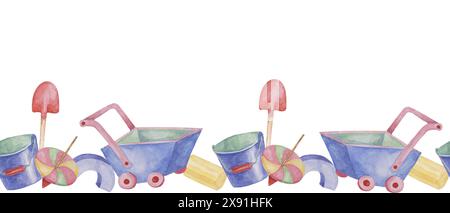 Giocattoli bordo senza cuciture, piano girevole, carrello blu, vagone per bambini, secchio e scogliera del nastro della pala. Carta da parati con oggetti di gioco ad acquerello per arredamento, tessuti, doccia per bambini, stanza per bambini, carte Foto Stock