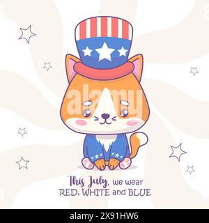 Simpatico gatto patriottico che indossa un cappello da festa e abiti dai colori della bandiera americana. Divertente personaggio del cartone animato natalizio kawaii. Cartolina American Independence da Illustrazione Vettoriale